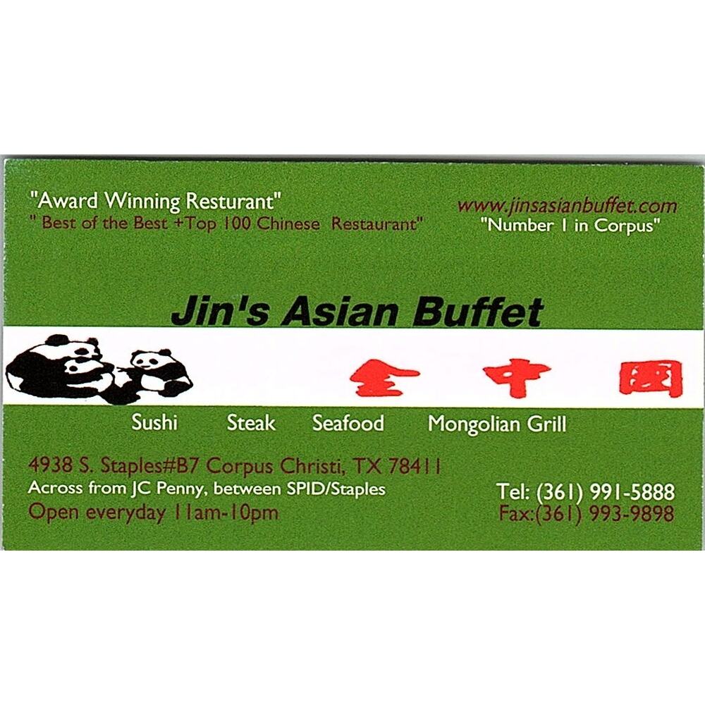 Jin's Asian Buffet Corpus Christi TX Vintage Business Card STK2-BC2-8